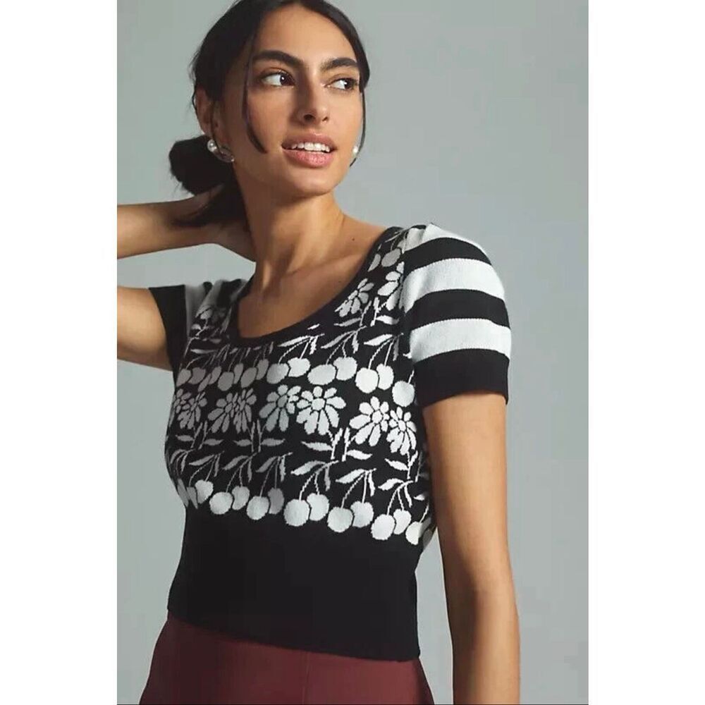 Anthropologie Maeve Trixie Sweater Knit Top in Black, White Size XSP